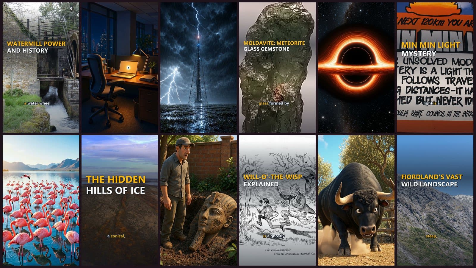 A grid of twelve Kulcha short videos: lightning striking a tower, a black hole, pink flamingos, a bull, moldavite glass, Fiordland's mountains and Kulcha Toons cartoon scenes